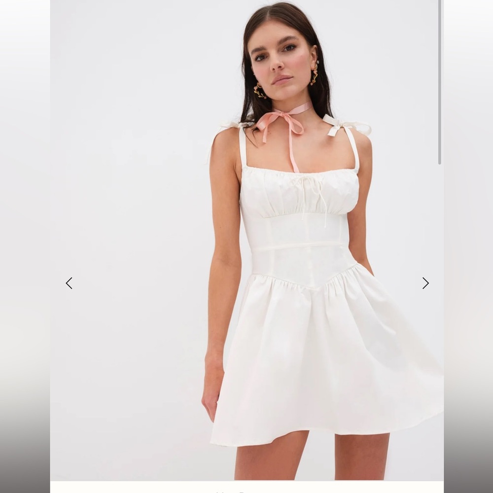 For Love & Lemons White Mini Dress with Pink Neck Ribbon
